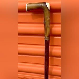 Antique Bronze Tip Wooden Shaft Faux Bone Wood Handled Cane Walking Stick
